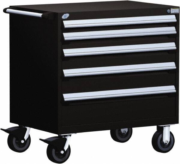 Rousseau Metal - 5 Drawer Steel Tool Roller Cabinet - 36" Wide x 37-1/2" High x 18" Deep, Ball Bearing Drawer Slides, Black - Industrial Tool & Supply