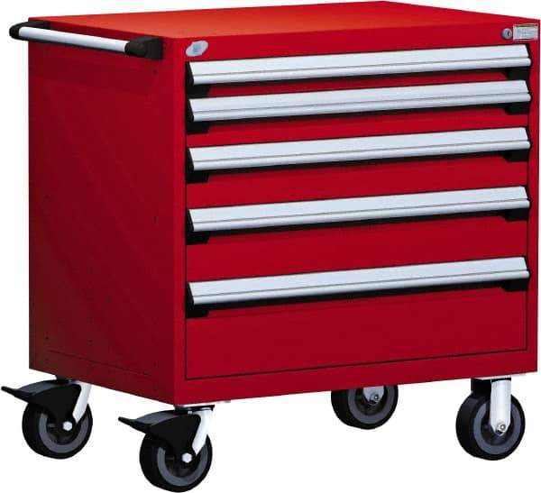 Rousseau Metal - 5 Drawer Steel Tool Roller Cabinet - 30" Wide x 37-1/2" High x 27" Deep, Ball Bearing Drawer Slides, Red - Industrial Tool & Supply