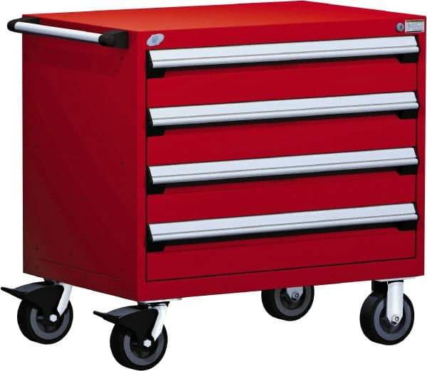 Rousseau Metal - 4 Drawer Steel Tool Roller Cabinet - 36" Wide x 35-1/8" High x 24" Deep, Ball Bearing Drawer Slides, Red - Industrial Tool & Supply