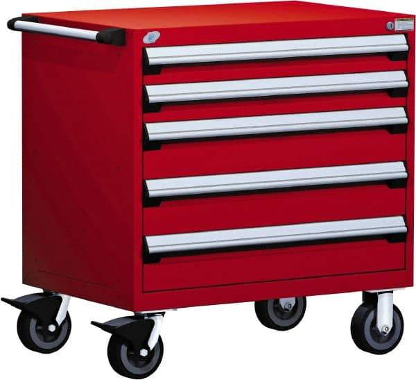 Rousseau Metal - 5 Drawer Steel Tool Roller Cabinet - 36" Wide x 37-1/2" High x 18" Deep, Ball Bearing Drawer Slides, Red - Industrial Tool & Supply