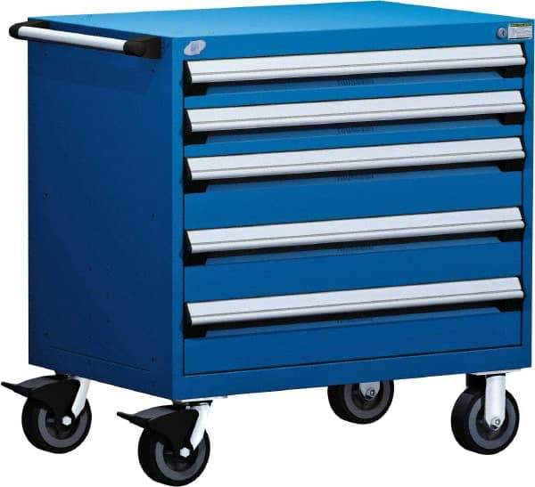 Rousseau Metal - 5 Drawer Steel Tool Roller Cabinet - 36" Wide x 37-1/2" High x 18" Deep, Ball Bearing Drawer Slides, Blue - Industrial Tool & Supply