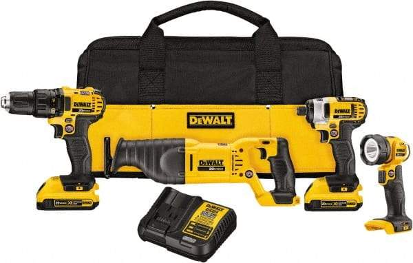 DeWALT - 20 Volt Cordless Tool Combination Kit - Includes 1/2" Drill/Driver, 1/4" Impact Driver, Reciprocating Saw & LED Worklight, Lithium-Ion Battery Included - Industrial Tool & Supply
