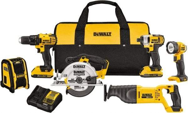 DeWALT - 20 Volt Cordless Tool Combination Kit - Includes 1/2" Compact Drill/Driver, 1/4" Impact Driver, Reciprocating Saw, 6-1/2 Circular Saw, LED Worklight & Bluetooth Speaker, Lithium-Ion Battery Included - Industrial Tool & Supply