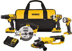 DeWALT - 20 Volt Cordless Tool Combination Kit - Includes 1/2" Compact Drill/Driver, 1/4" Impact Driver, Cut-off Tool/Grinder, 6-1/2 Circular Saw & LED Worklight, Lithium-Ion Battery Included - Industrial Tool & Supply