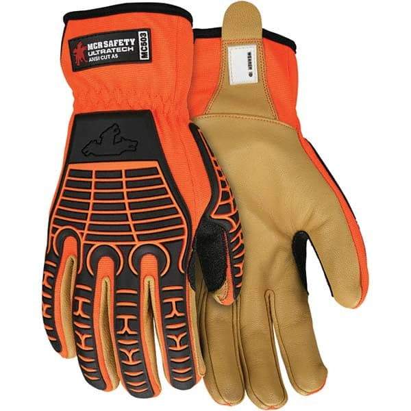 MCR Safety - Size L ANSI Cut Lvl A5, Abrasion Lvl 4, Goatskin Cut Resistant Gloves - Uncoated, Dyneema Diamond Lining, Slip-On Cuff, Orange/Gold, Paired - Industrial Tool & Supply
