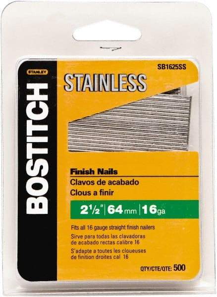 Stanley Bostitch - 16 Gauge 1/16" Shank Diam 2-1/2" Long Finishing Nails for Power Nailers - Stainless Steel, Smooth Shank, Straight Stick Adhesive Collation, Round Head, Chisel Point - Industrial Tool & Supply