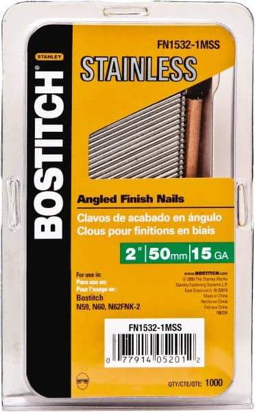 Stanley Bostitch - 15 Gauge 0.07" Shank Diam 2" Long Finishing Nails for Power Nailers - Stainless Steel, Smooth Shank, Angled Stick Adhesive Collation, Round Head, Chisel Point - Industrial Tool & Supply