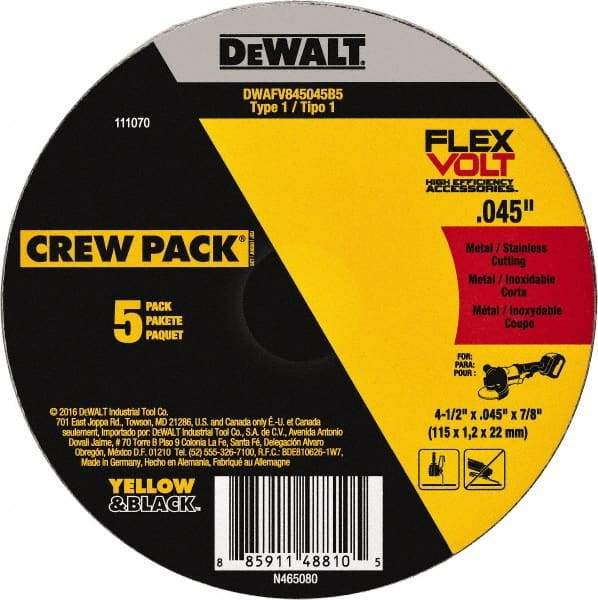 DeWALT - 4-1/2" Ceramic Cutoff Wheel - 0.045" Thick, 7/8" Arbor, 13,300 Max RPM, Use with Portable Tools - Industrial Tool & Supply