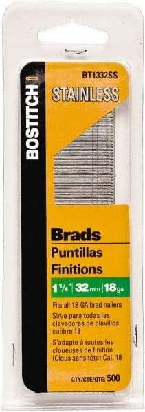 Stanley Bostitch - 18 Gauge 0.05" Shank Diam 1-1/4" Long Brad Nails for Power Nailers - Steel, Bright Finish, Ring Shank, Straight Stick Adhesive Collation, Brad Head, Chisel Point - Industrial Tool & Supply