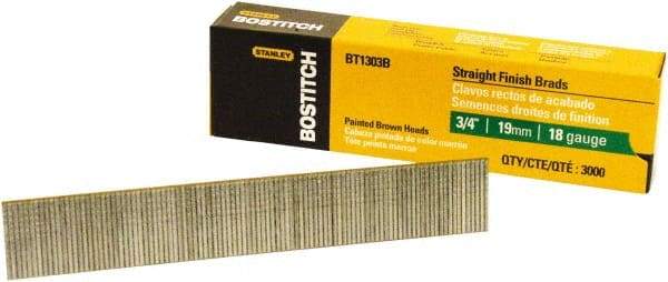Stanley Bostitch - 18 Gauge 0.05" Shank Diam 3/4" Long Brad Nails for Power Nailers - Steel, Bright Finish, Ring Shank, Straight Stick Adhesive Collation, Brad Head, Chisel Point - Industrial Tool & Supply
