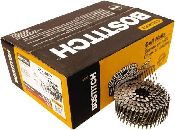 Stanley Bostitch - 13 Gauge 0.099" Shank Diam 2" Long Framing Nails for Power Nailers - Steel, Yellow Zinc Finish, Smooth Shank, Coil Wire Collation, Round Head, Diamond Point - Industrial Tool & Supply