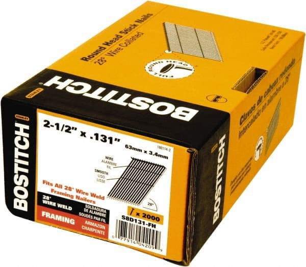 Stanley Bostitch - 11 Gauge 0.131" Shank Diam 2-1/2" Long Framing Nails for Power Nailers - Steel, Bright Finish, Smooth Shank, Angled Stick Wire Collation, Round Head, Diamond Point - Industrial Tool & Supply