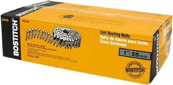 Stanley Bostitch - 13 Gauge 1" Long Roofing Nails for Power Nailers - Steel, Galvanized Finish, Smooth Shank, Coil Wire Collation, Round Head, Diamond Point - Industrial Tool & Supply