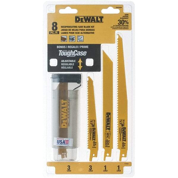 DeWALT - 8 Pieces, 6" to 9" Long x 0.04" to 0.06" Thickness, Bi-Metal Reciprocating Saw Blade Set - Straight Profile, 6 to 18 Teeth, Toothed Edge - Industrial Tool & Supply