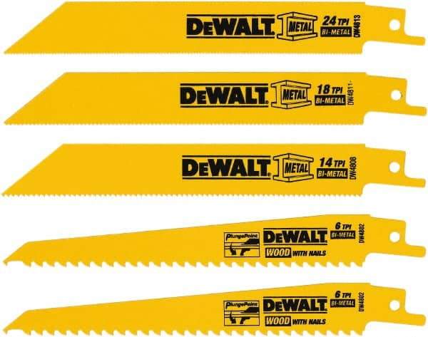 DeWALT - 5 Pieces, 6" Long x 0.04" Thickness, Bi-Metal Reciprocating Saw Blade Set - Straight Profile, 6 to 18 Teeth, Toothed Edge - Industrial Tool & Supply