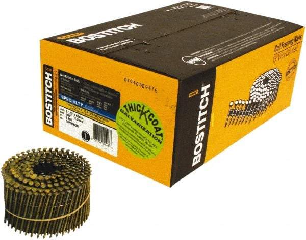 Stanley Bostitch - 13 Gauge 2-1/2" Long Siding Nails for Power Nailers - Steel, Galvanized Finish, Ring Shank, Coil Wire Collation, Round Head, Blunt Diamond Point - Industrial Tool & Supply
