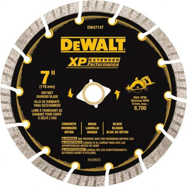 DeWALT - 7" Diam, 5/8" Arbor Hole Diam, 14 Tooth Wet & Dry Cut Saw Blade - Diamond Matrix, Fast Cutting Action, Standard Round Arbor - Industrial Tool & Supply