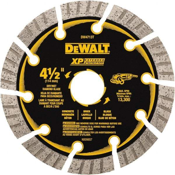 DeWALT - 4-1/2" Diam, 5/8" Arbor Hole Diam, 10 Tooth Wet & Dry Cut Saw Blade - Diamond Matrix, Fast Cutting Action, Standard Round Arbor - Industrial Tool & Supply