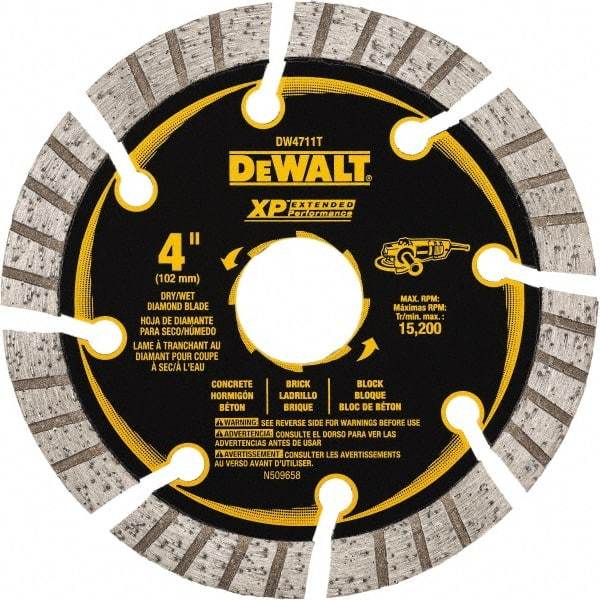 DeWALT - 4" Diam, 7/8" Arbor Hole Diam, 8 Tooth Wet & Dry Cut Saw Blade - Diamond Matrix, Fast Cutting Action, Standard Round Arbor - Industrial Tool & Supply