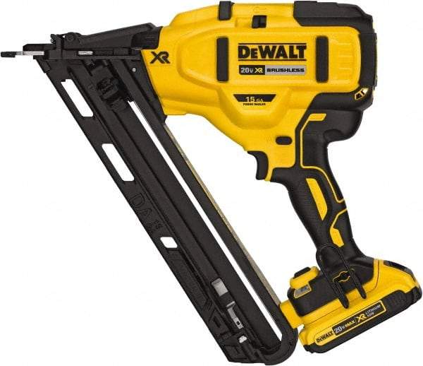 DeWALT - Cordless Finish Nailer Kit - 15 Gauge Nail Diam, 1-1/4 to 2-1/2" Long Nail, Includes DCB203 2Ah Battery, Carry Bag & Charger - Industrial Tool & Supply