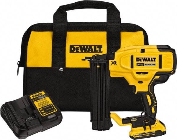 DeWALT - Cordless Brad Nailer Kit - 18 Gauge Nail Diam, 5/8 to 2-1/8" Long Nail, Includes DCB203 2Ah Battery, Carry Bag & Charger - Industrial Tool & Supply