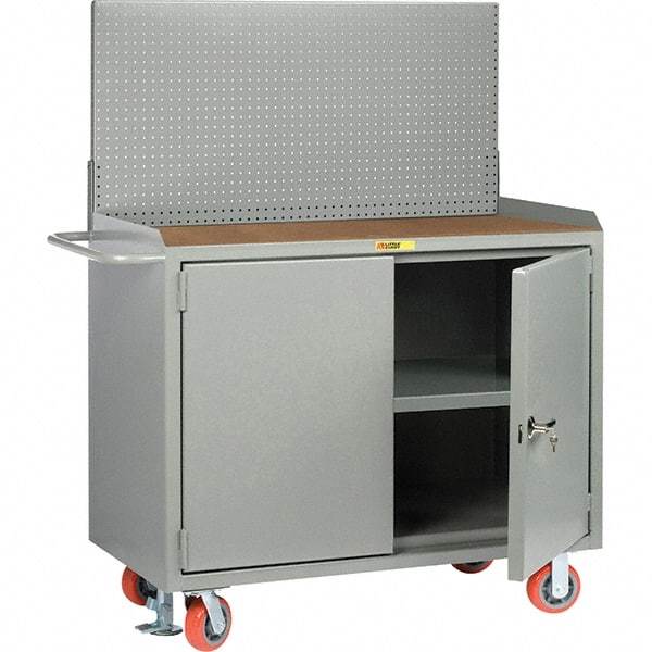 Little Giant - 3,600 Lb Capacity, 3 Shelf, 2 Door Mobile Bench Cabinet with Pegboard Panel - 53" Wide x 24" Deep x 43" High, Steel, Gray - Industrial Tool & Supply