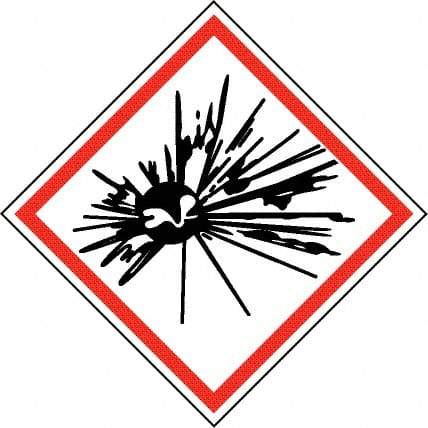 NMC - Hazardous Materials Label, Header: Explosive Warning - Legend: GHS - Graphic, English, Black & Red, 2" Long x 2" High, No Coating - Industrial Tool & Supply