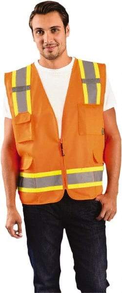 OccuNomix - Size L High Visibility Orange Solid Surveyor's Vest - 40 to 42" Chest, ANSI 107-2015, Zipper Closure, 11 Pockets, Polyester - Industrial Tool & Supply