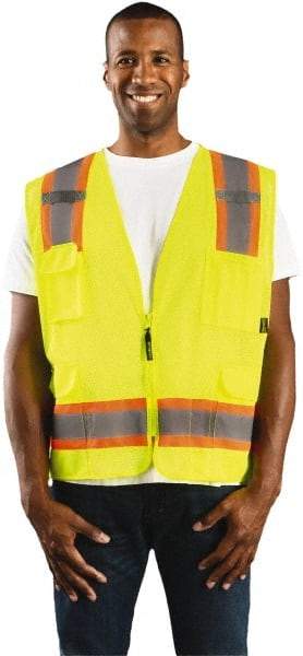 OccuNomix - Size 4XL High Visibility Yellow Mesh Surveyor's Vest - 56 to 58" Chest, ANSI 107-2015, Zipper Closure, 11 Pockets, Polyester - Industrial Tool & Supply