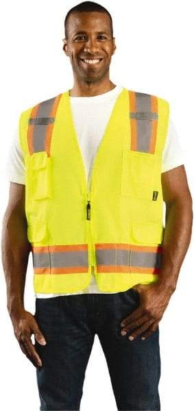 OccuNomix - Size L High Visibility Yellow Solid Surveyor's Vest - 40 to 42" Chest, ANSI 107-2015, Zipper Closure, 11 Pockets, Polyester - Industrial Tool & Supply