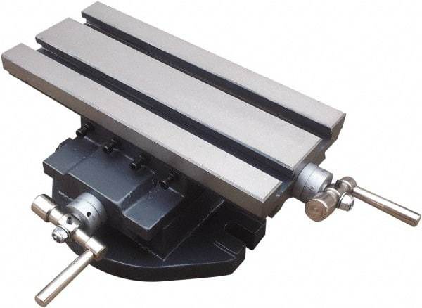 Interstate - 5-1/2" Table Width x 11-13/16" Table Length, 3.94" Cross Travel x 7.09" Longitudinal Travel, Slide Machining Table - 4.84" Overall Height, Two 5/8" Longitudinal T Slots - Industrial Tool & Supply