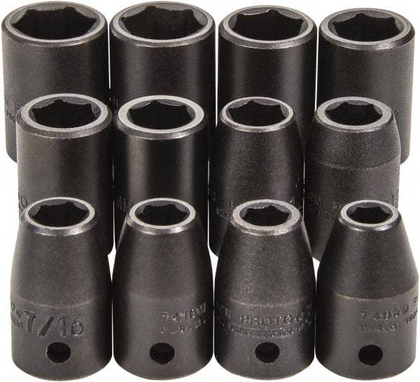 Proto - 12 Piece 1/2" Drive Full Polish Finish Impact Socket Set - 6 Points, 3/4" to 3/4" (8mm to 19mm) Range, Inch/Metric Measurement Standard - Industrial Tool & Supply