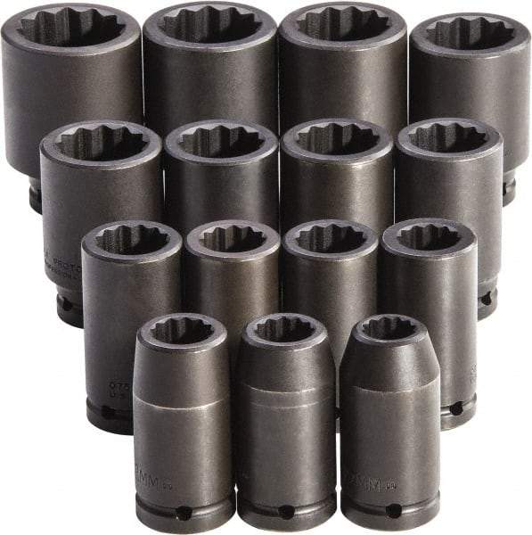 Proto - 15 Piece 3/4" Drive Full Polish Finish Deep Well Impact Socket Set - 12 Points, 19mm to 43mm Range, Metric Measurement Standard - Industrial Tool & Supply