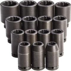 Proto - 15 Piece 3/4" Drive Full Polish Finish Deep Well Impact Socket Set - 12 Points, 19mm to 43mm Range, Metric Measurement Standard - Industrial Tool & Supply