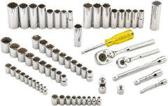 Proto - 65 Piece 1/4" & 3/8" Drive Full Polish Finish Deep Well Socket Set - 6, 12 Points, 1/4" to 7/8" (4mm to 19mm) Range, Inch/Metric Measurement Standard - Industrial Tool & Supply