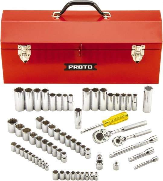 Proto - 65 Piece 1/4" & 3/8" Drive Full Polish Finish Deep Well Socket Set - 6, 12 Points, 1/4" to 7/8" (4mm to 19mm) Range, Inch/Metric Measurement Standard - Industrial Tool & Supply