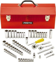 Proto - 65 Piece 1/4" & 3/8" Drive Full Polish Finish Deep Well Socket Set - 6, 12 Points, 1/4" to 7/8" (4mm to 19mm) Range, Inch/Metric Measurement Standard - Industrial Tool & Supply