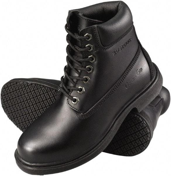 Genuine Grip - Women's Wide Width Plain Work Boot - Black, Leather Upper, Rubber Outsole, 6" High, Dielectric, Non-Slip, Waterproof - Industrial Tool & Supply