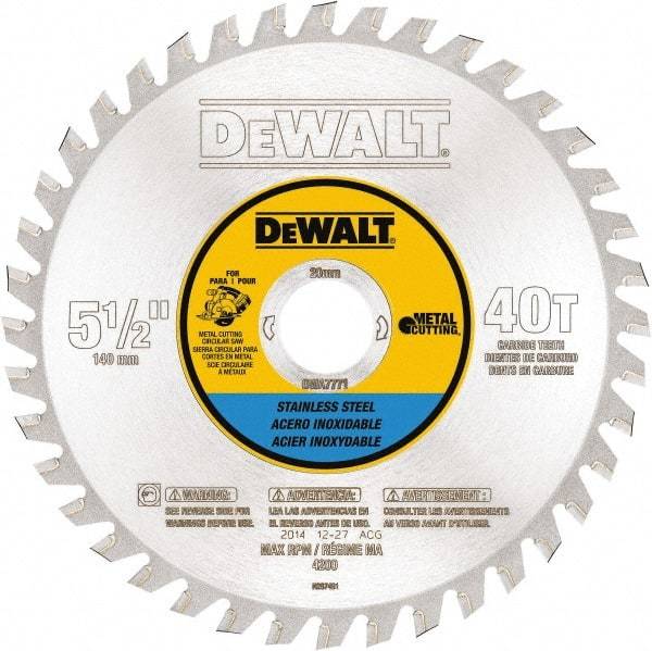 DeWALT - 5-1/2" Diam, 25/32" Arbor Hole Diam, 40 Tooth Wet & Dry Cut Saw Blade - Steel, Crosscutting Action, Standard Round Arbor - Industrial Tool & Supply