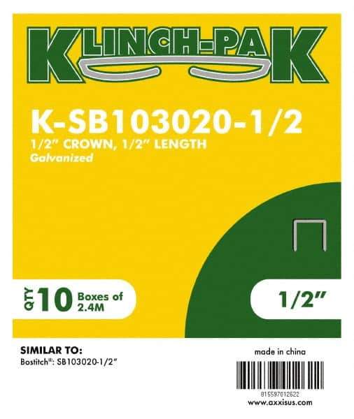 Klinch-Pak - 1/2" Long x 1/2" Wide, 0 Gauge Narrow Crown Construction Staple - Steel, Galvanized Finish, Chisel Point - Industrial Tool & Supply