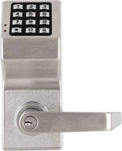 Alarm Lock - Combination Entry Lever Lockset with Key Override - 2-3/4" Back Set, Steel, Brushed Chrome Finish - Industrial Tool & Supply