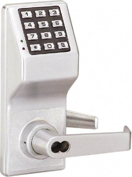 Alarm Lock - Combination Entry Lever Lockset with Key Override - 2-3/4" Back Set, Steel, Brushed Chrome Finish - Industrial Tool & Supply