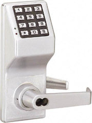 Alarm Lock - Combination Entry Lever Lockset with Key Override - 2-3/4" Back Set, Steel, Brushed Chrome Finish - Industrial Tool & Supply