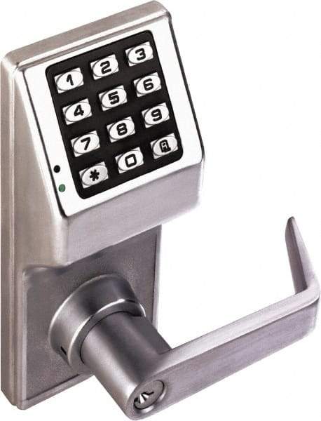 Alarm Lock - Combination Entry Lever Lockset with Key Override - 2-3/4" Back Set, Steel, Brushed Chrome Finish - Industrial Tool & Supply