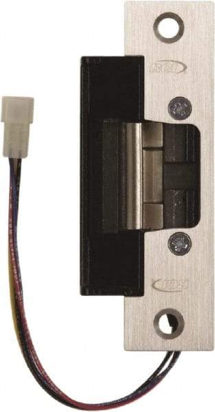 Rutherford - 4.88" Long x 1-1/4" Wide, Satin Stainless Steel Finish, Electric Door Strike - Field Selectable 12 or 24 VDC & 12-24 VAC, Corded Power, Zinc Alloy - Industrial Tool & Supply