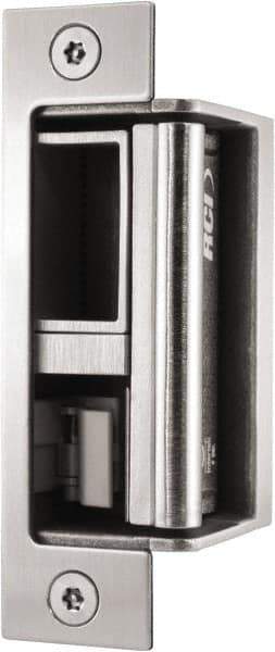 Rutherford - 4.88" Long x 1-1/4" Wide, Satin Stainless Steel Finish, Electric Door Strike - Field Selectable 12 or 24 VDC & 12-24 VAC, Corded Power, Zinc Alloy - Industrial Tool & Supply