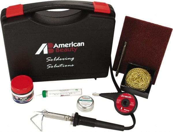 American Beauty - Soldering Iron Kit - Includes Solder Bars Lead Free, Brass Sponge Tip Cleaner, Cleaning Pad, Jar of Flux, Ruby Fluid, Spiral Brush, Solid Sal Ammoniac Block, Solder Sucker, Soldering Iron Cradle, Carrying Case - Exact Industrial Supply