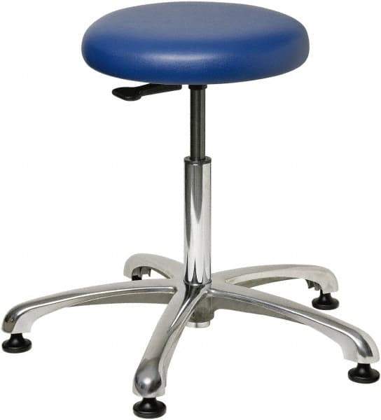Bevco - 23" Wide x 23" Deep x 18-1/2 to 26" High, Steel Base, Versa Backless Stool Adjustable Height Swivel Stool with Polished Aluminum Base - Vinyl Seat, Blue, Mushroom Glides - Industrial Tool & Supply