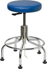 Bevco - 22" Wide x 22" Deep x 19 to 24" High, Steel Base, Versa ESD Backless Adjustable Height Swivel Stool with Chrome Steel Base - Vinyl Seat, Blue, Footring, Mushroom Glides - Industrial Tool & Supply