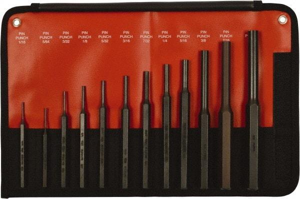 Mayhew - 12 Piece, 1/16 to 1/2", Pin Punch Set - Hex Shank, Steel, Comes in Kit Bag - Industrial Tool & Supply